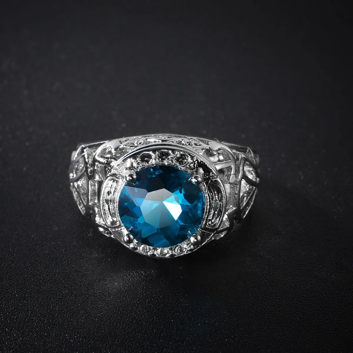 Blue Crystal & Silver-Plated Filigree Cocktail Ring