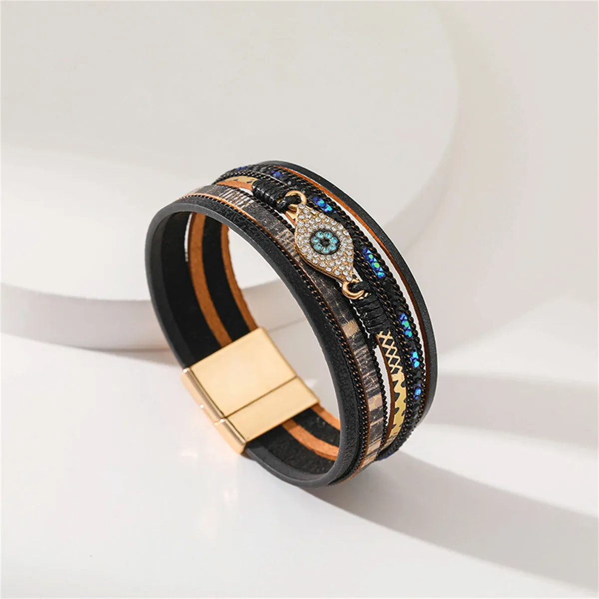 Blue Cubic Zirconia & Black Polystyrene Evil Eye Layered Bracelet