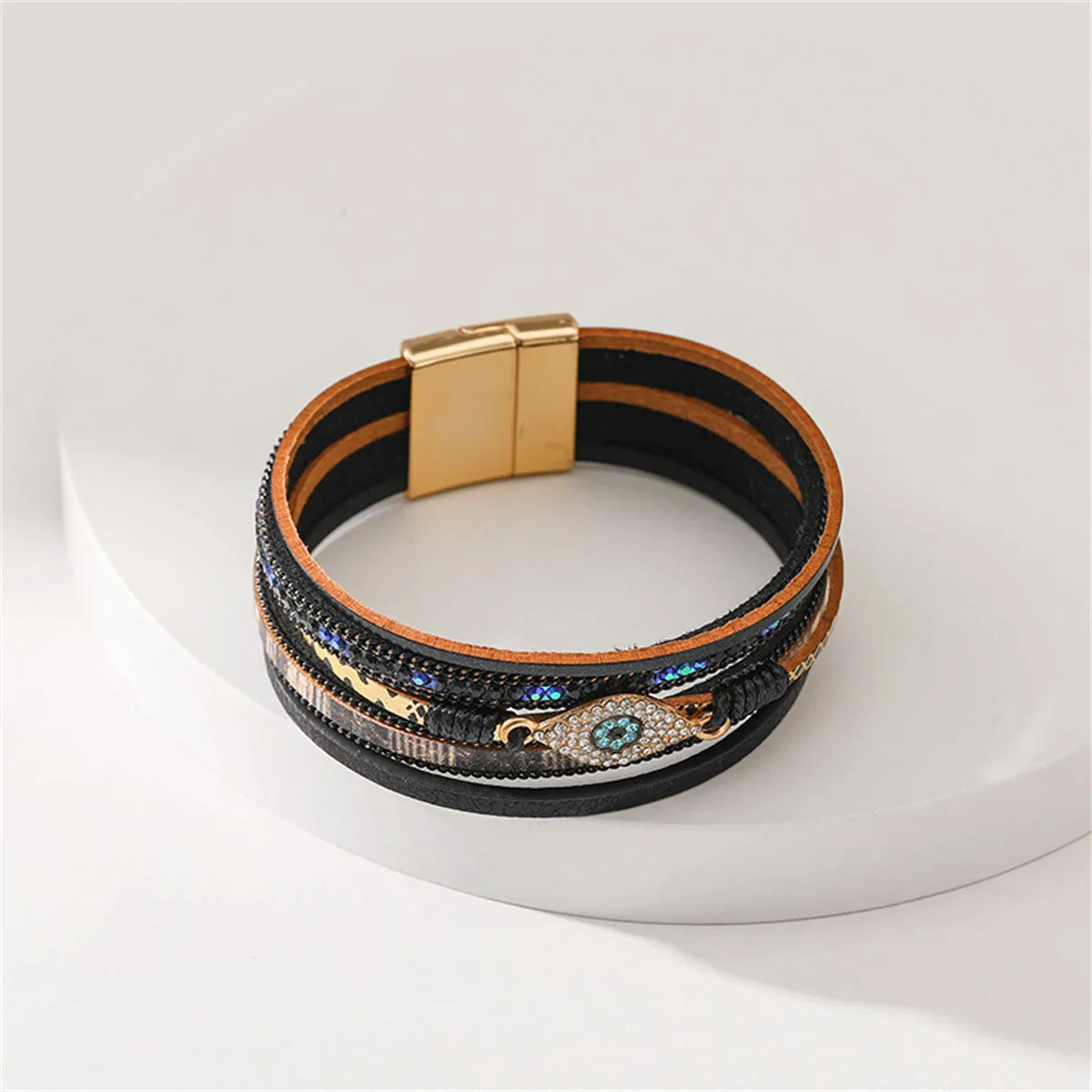 Blue Cubic Zirconia & Black Polystyrene Evil Eye Layered Bracelet