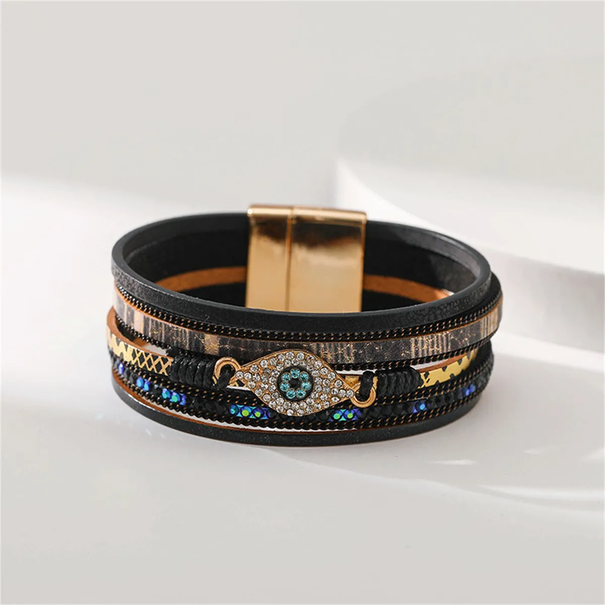 Blue Cubic Zirconia & Black Polystyrene Evil Eye Layered Bracelet