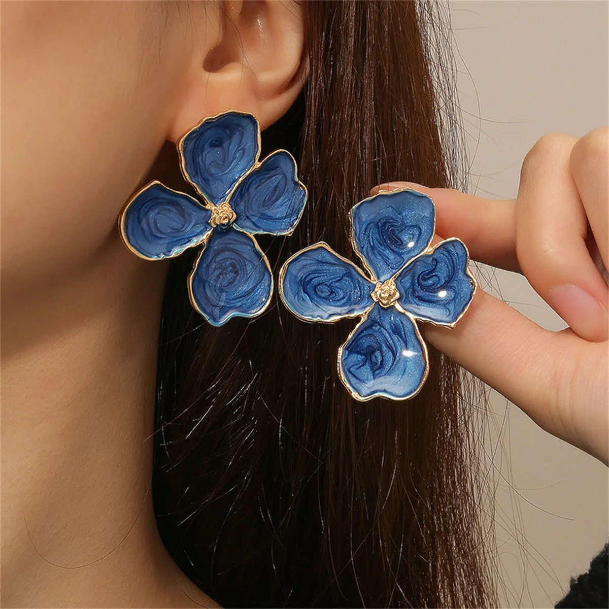 Blue Enamel & 18K Gold-Plated Swirl Flower Stud Earrings