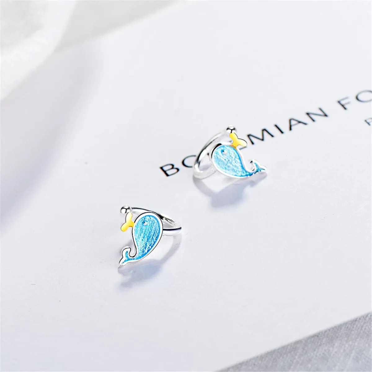 Blue Enamel & Silver-Plated Whale Stud Earrings