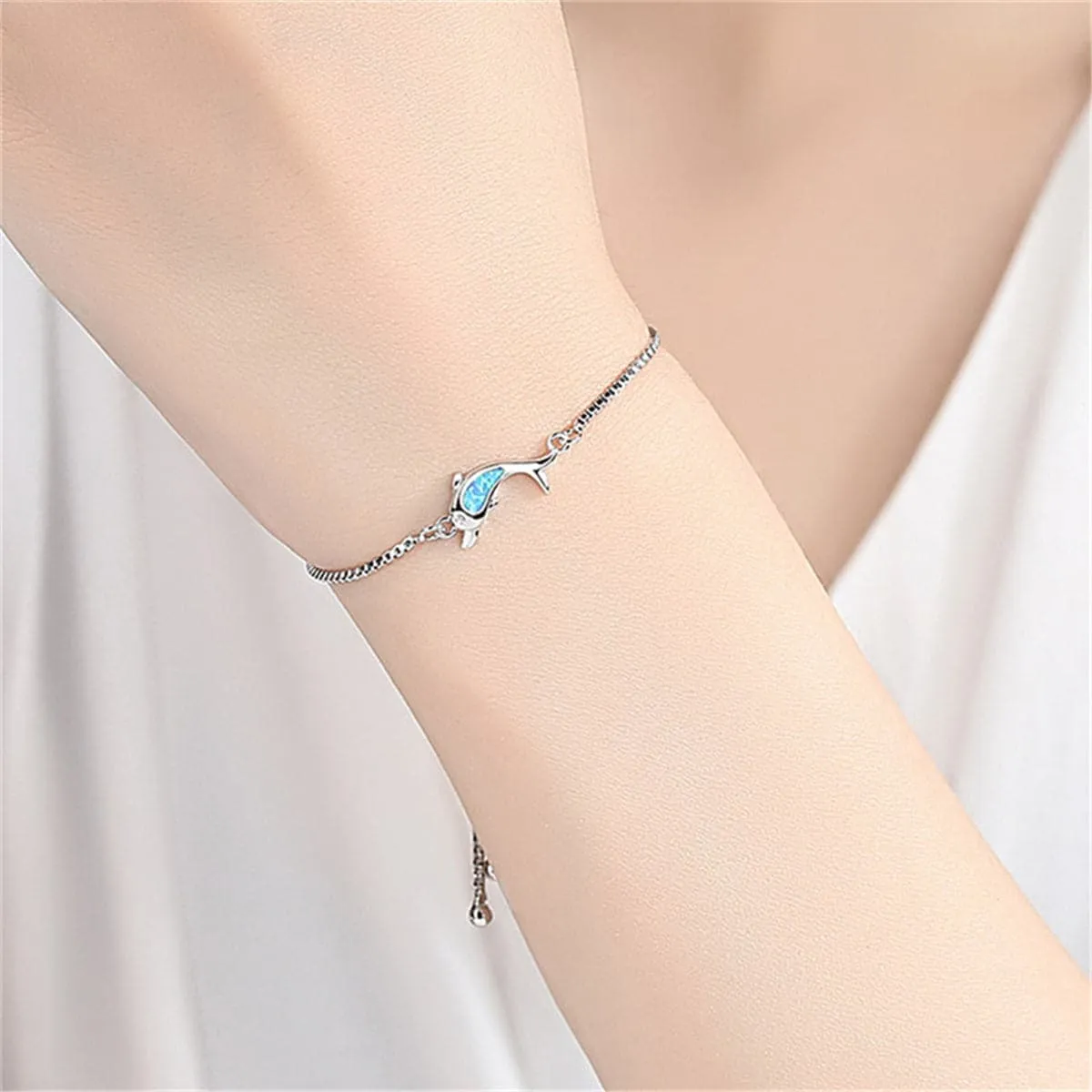 Blue Opal & Silver-Plated Dolphin Adjustable Bracelet