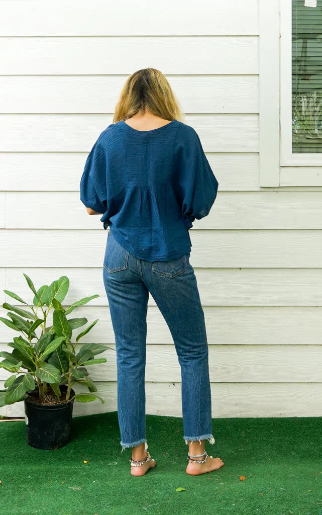 Blue Raw Natural Crinkled Cotton Gauze Blouse