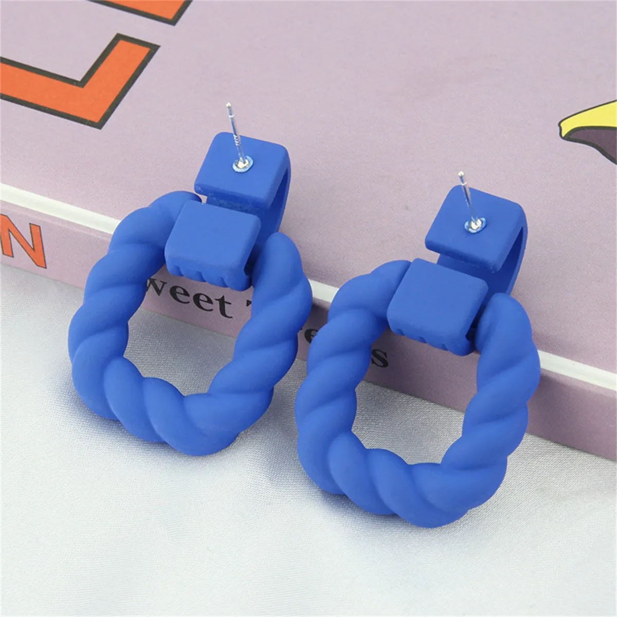 Blue Resin & Silver-Plated Twine Square Drop Earrings