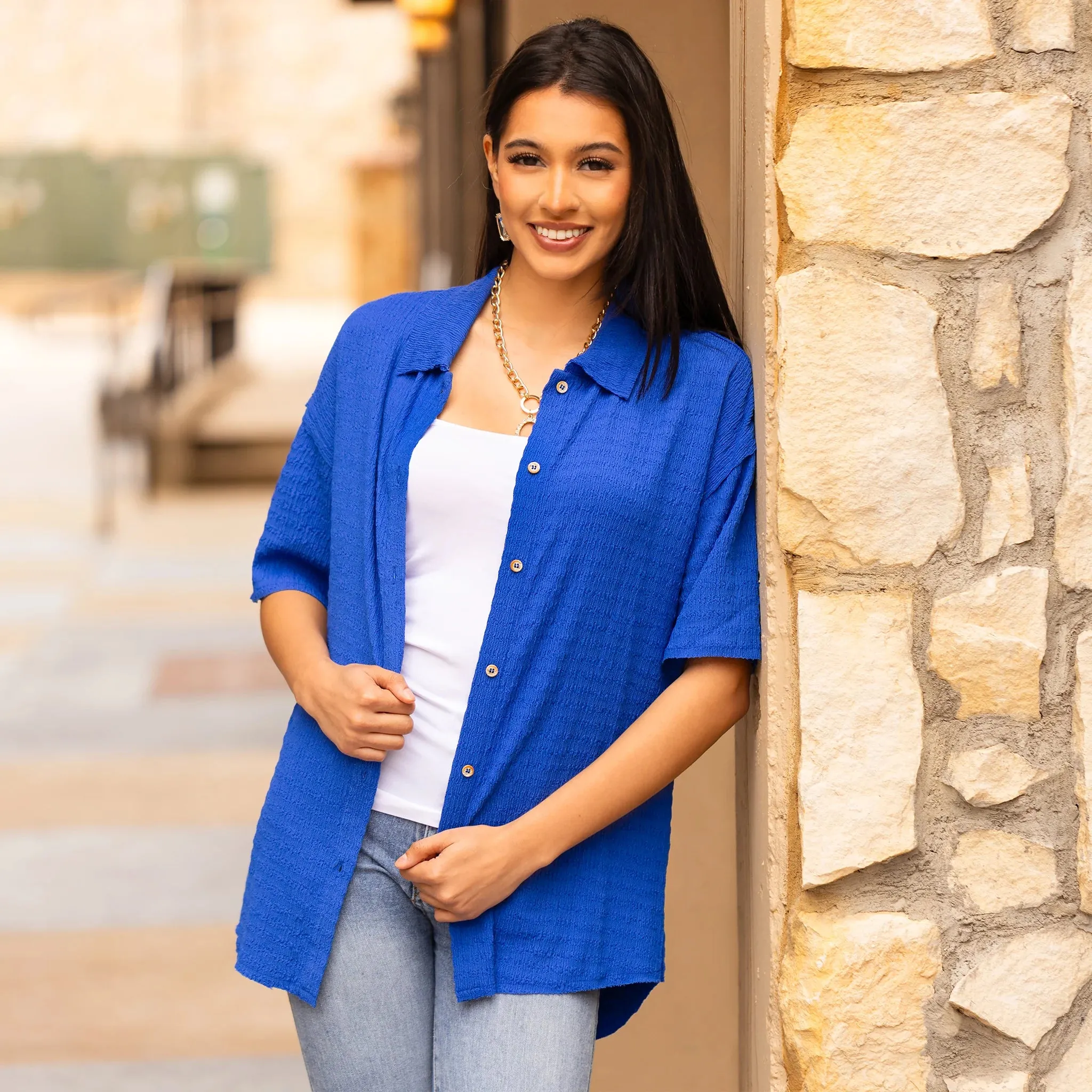 Blue Textured button up shirt