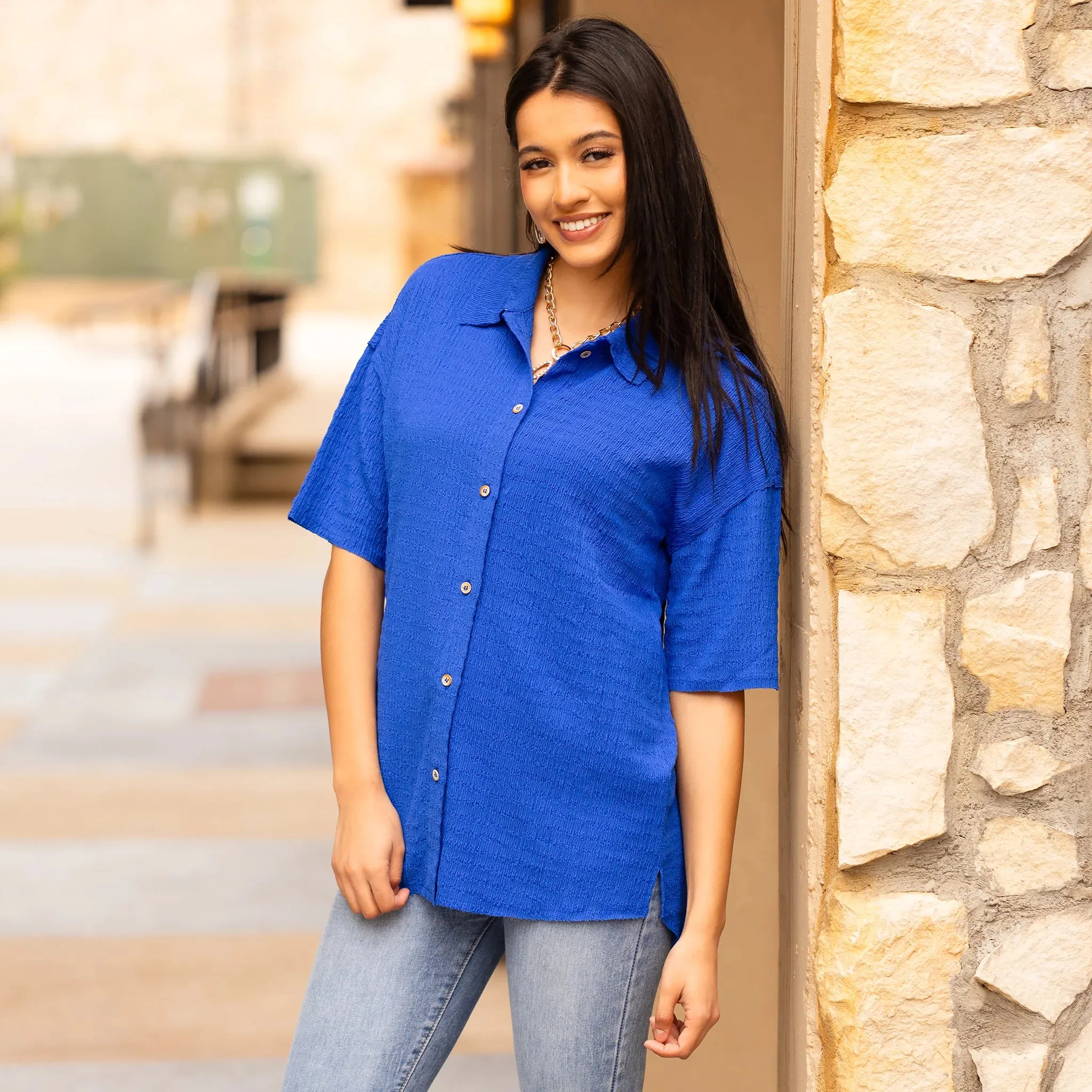 Blue Textured button up shirt