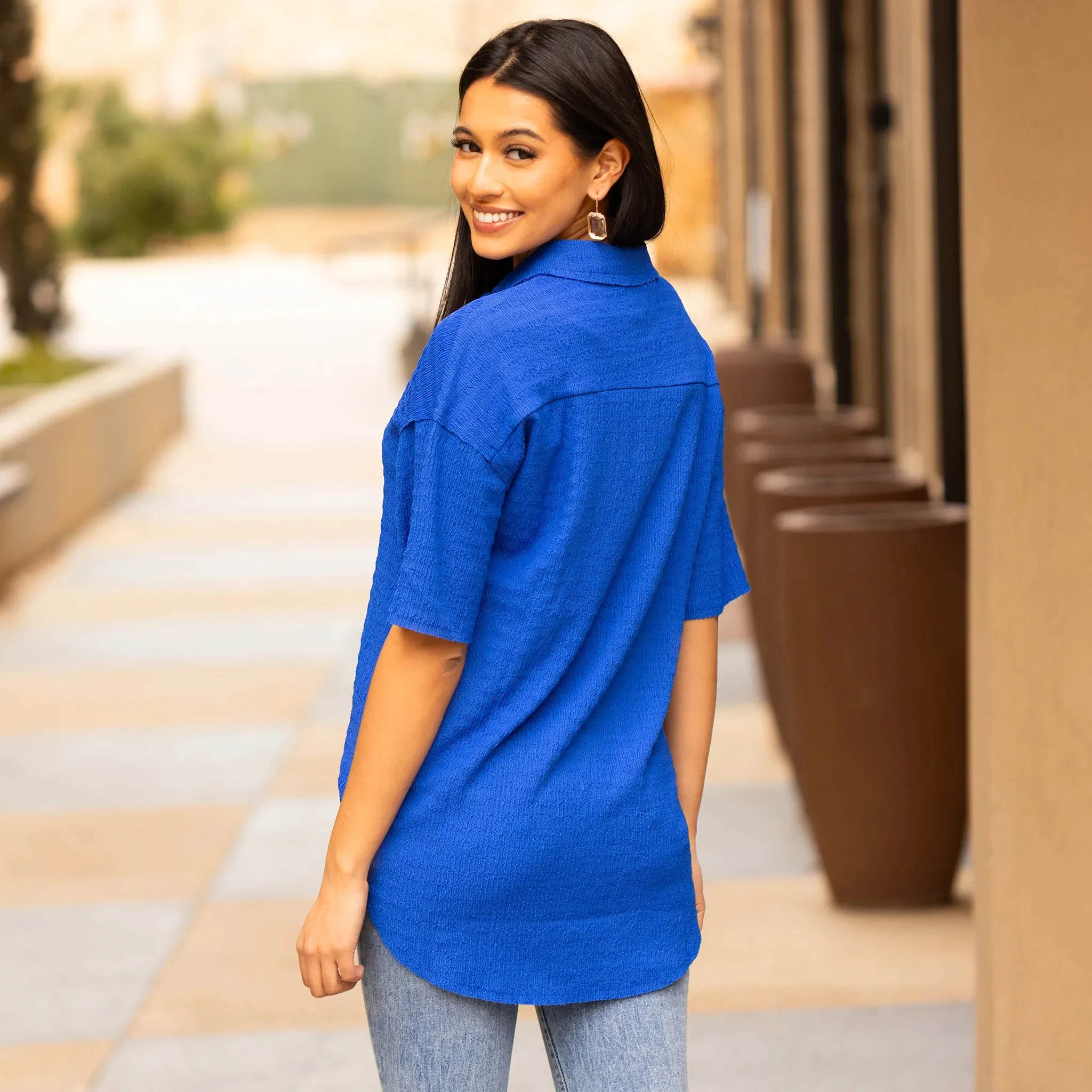 Blue Textured button up shirt