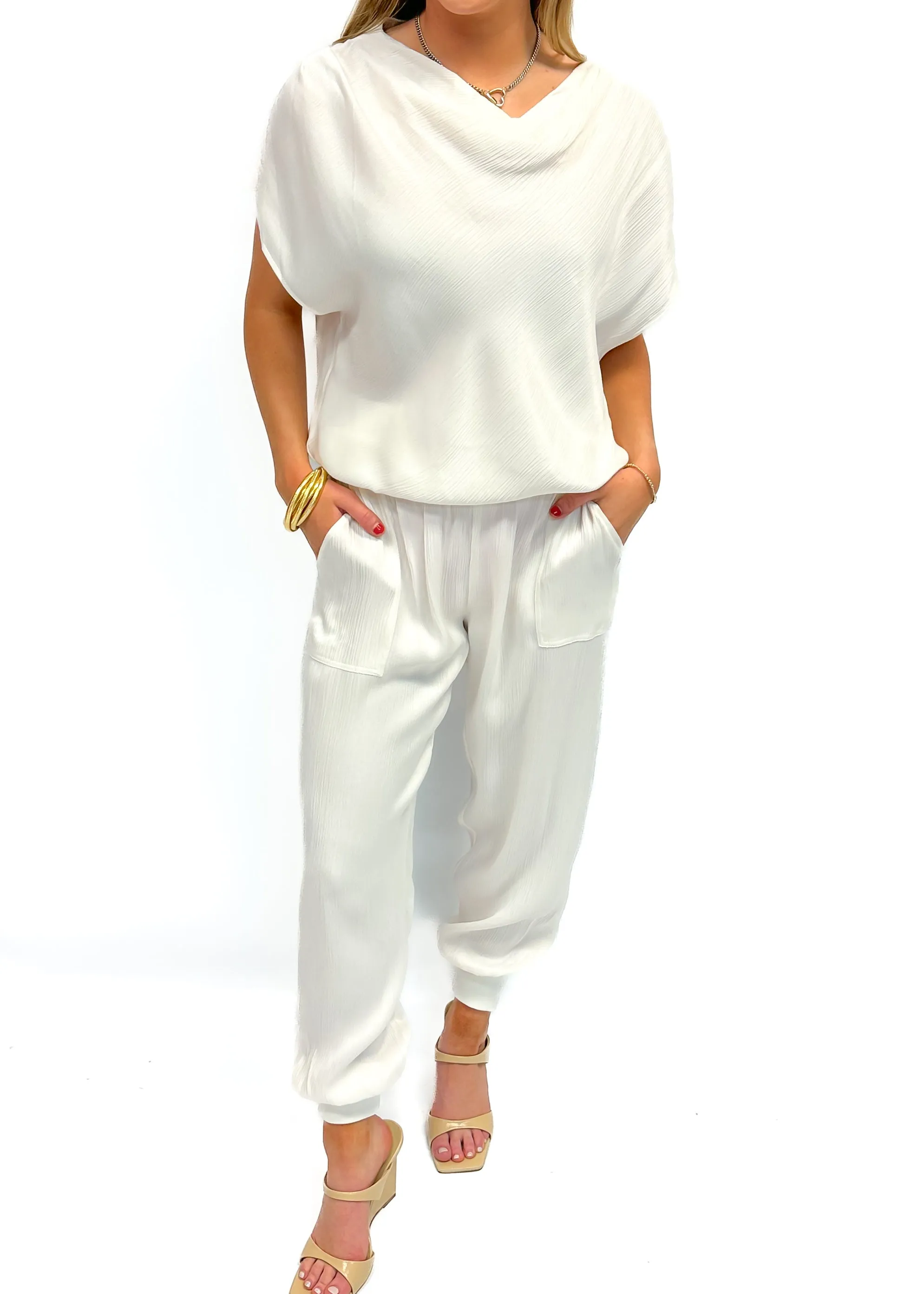 Bobi Drop Shoulder Draped Neck Top - Ivory