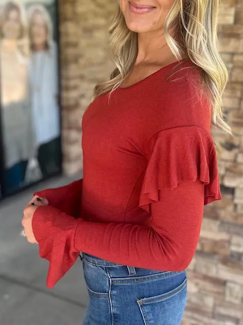 Bree Rust Shimmer Bodysuit with Ruffle Shoulder and Sleeve