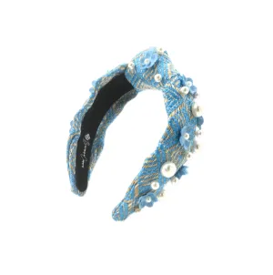 Brianna Cannon Blue & Tan Woven Headband with Flowers & Pearls