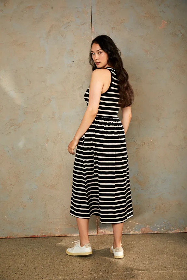 Bshirt Women's Racer Back Gathered Dress in Black and White Stripes