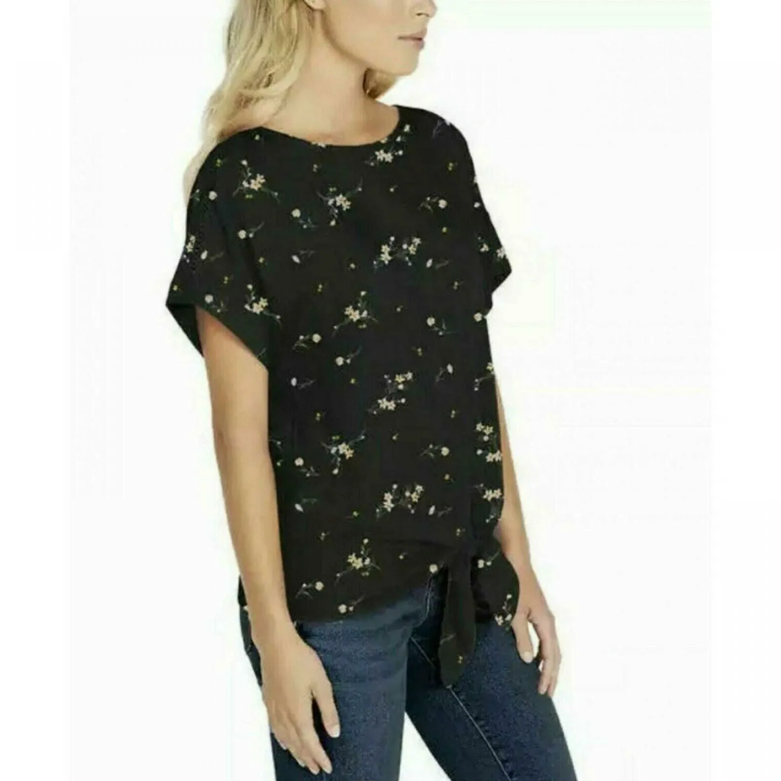 Buffalo David Bitton Women's Tie Front Woven Top With Crochet Inserts Black XL