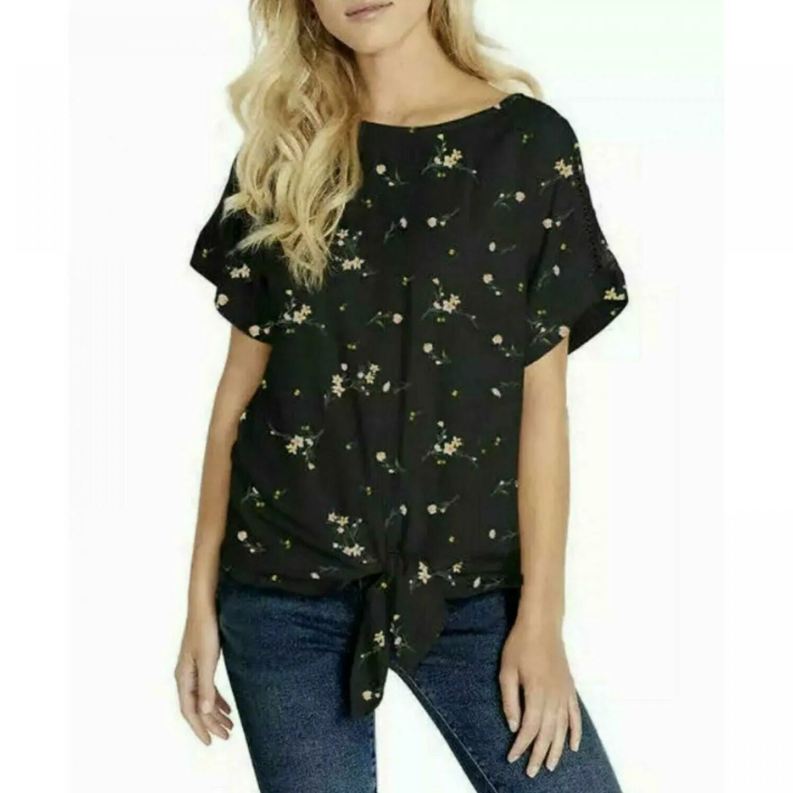 Buffalo David Bitton Women's Tie Front Woven Top With Crochet Inserts Black XL