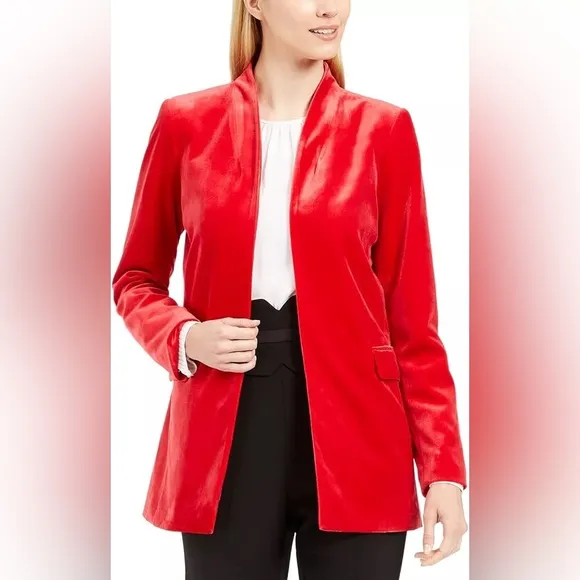 CALVIN KLEIN Women's Long Longline Open Front Velvet Blazer in Red CK Size 12