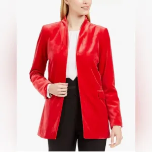CALVIN KLEIN Women's Long Longline Open Front Velvet Blazer in Red CK Size 12