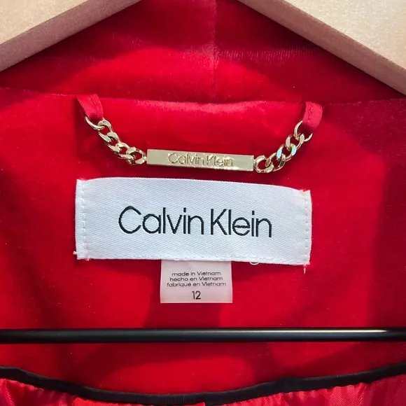 CALVIN KLEIN Women's Long Longline Open Front Velvet Blazer in Red CK Size 12