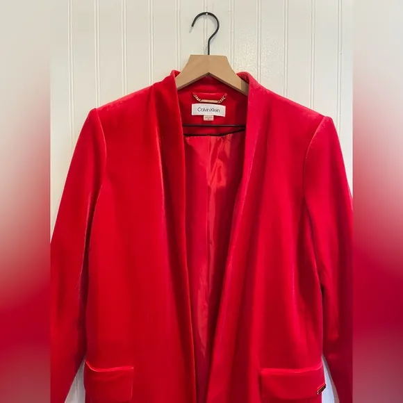 CALVIN KLEIN Women's Long Longline Open Front Velvet Blazer in Red CK Size 12