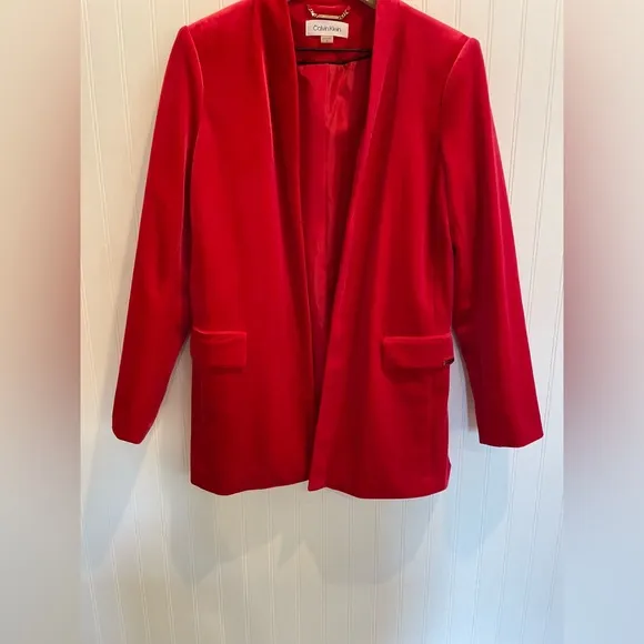 CALVIN KLEIN Women's Long Longline Open Front Velvet Blazer in Red CK Size 12