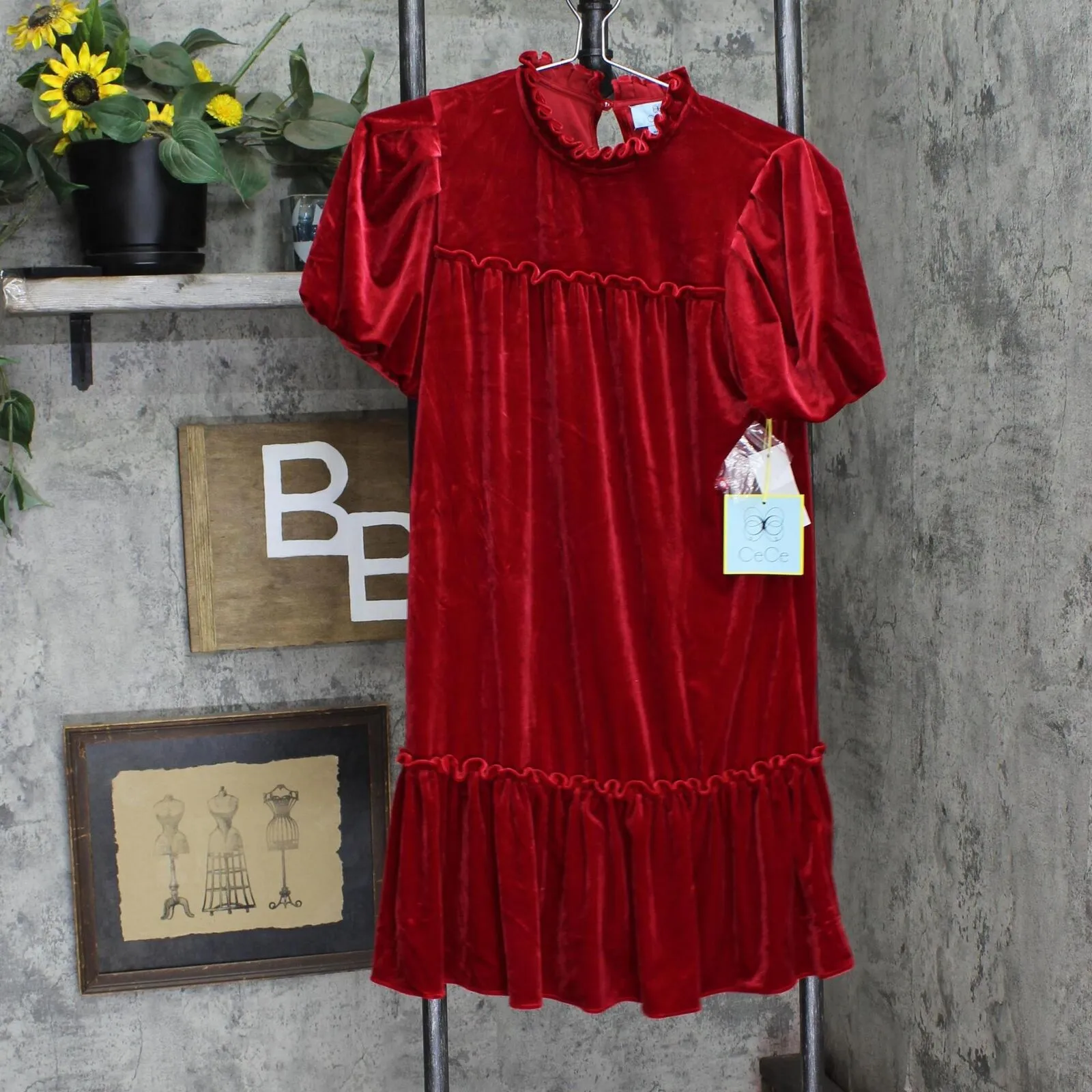 Cece Women's Short Sleeve Velvet Ruffled Knit Dress 7061710
