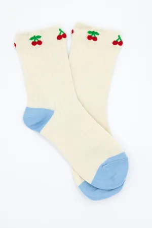 Cherries Socks for Women in Ivory/Blue | SK254