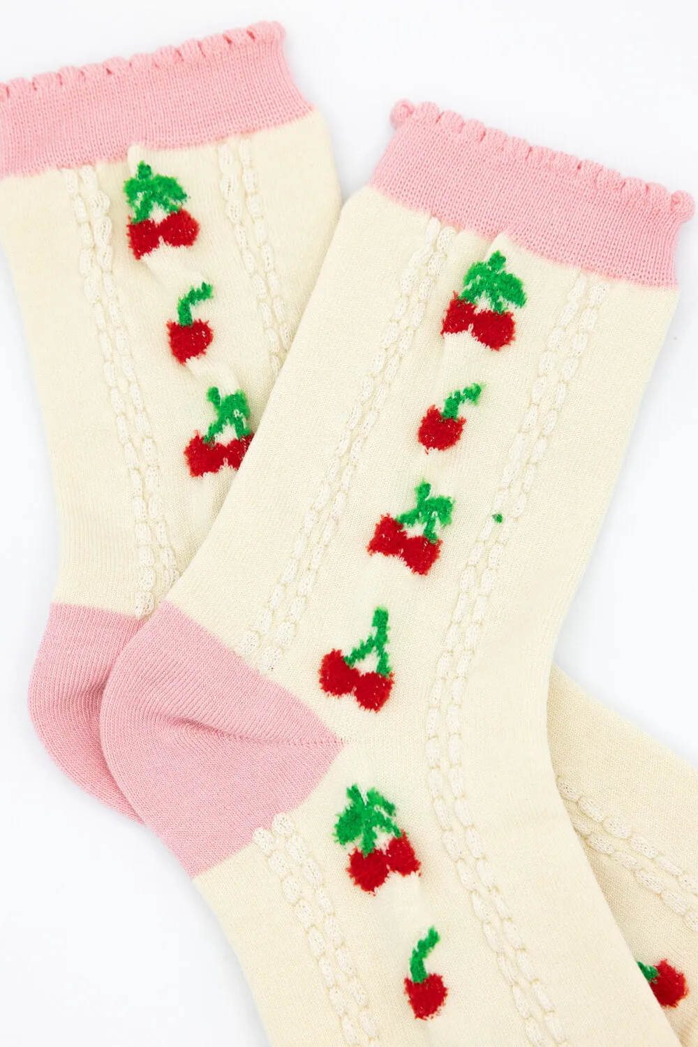 Cherries Socks for Women in Ivory/Pink | SK253
