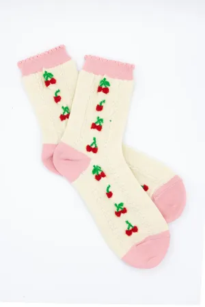Cherries Socks for Women in Ivory/Pink | SK253