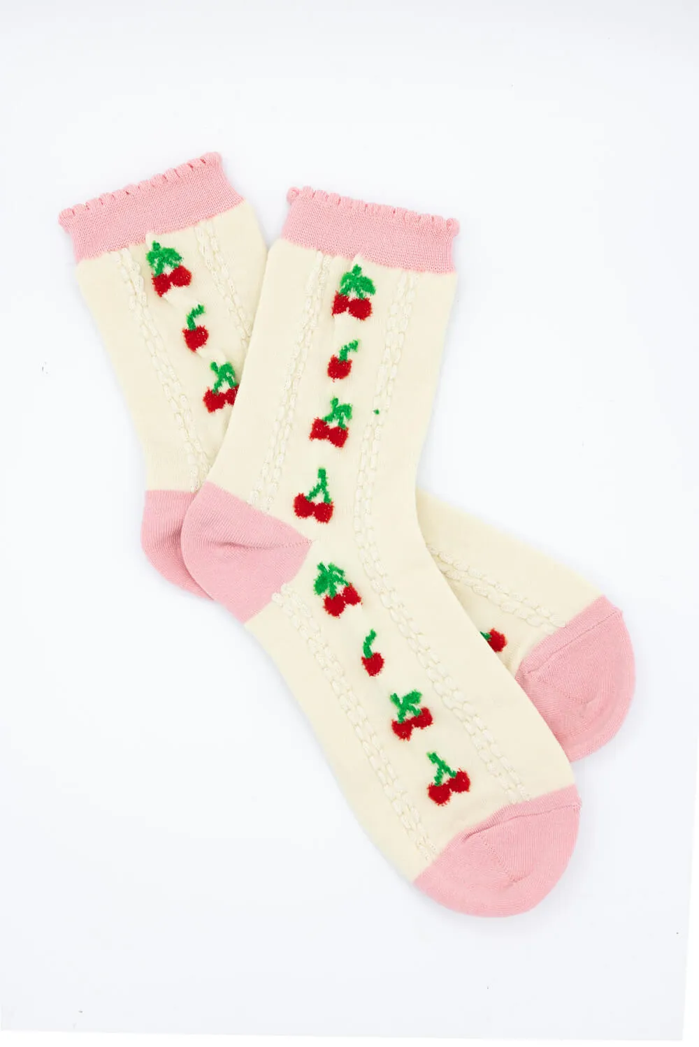 Cherries Socks for Women in Ivory/Pink | SK253