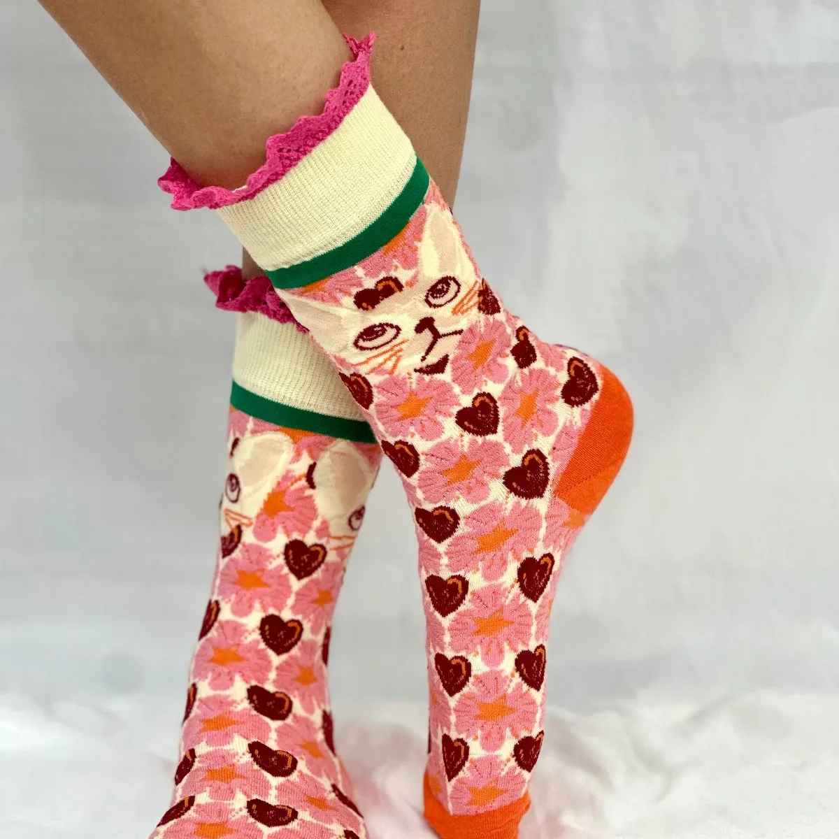 COOL CAT novelty print crew sock womens- bright pink