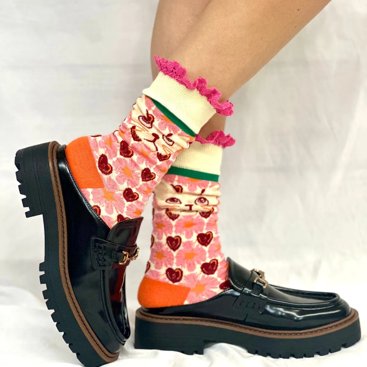 COOL CAT novelty print crew sock womens- bright pink
