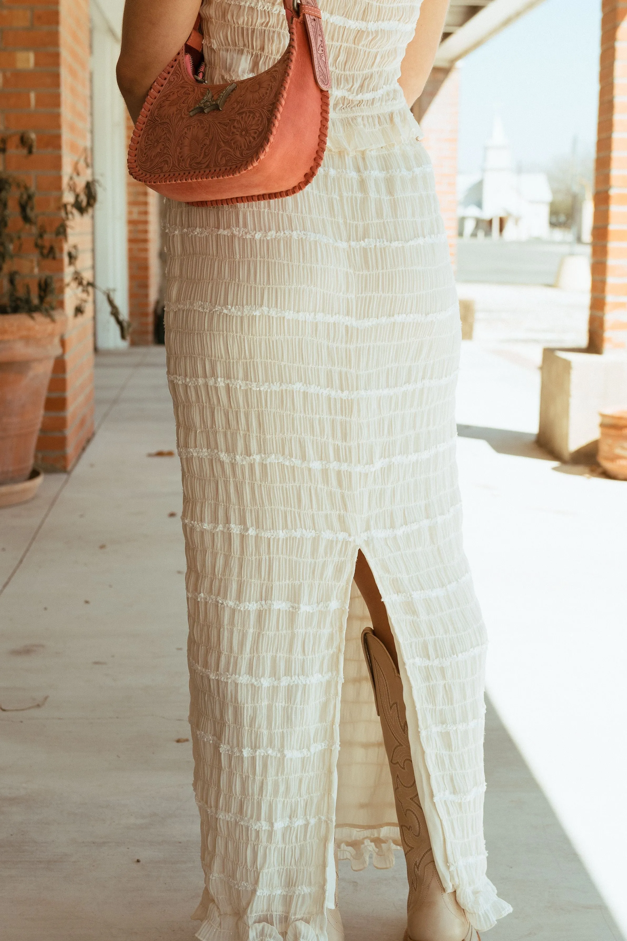 Cream Textured Long Skirt BRK3457