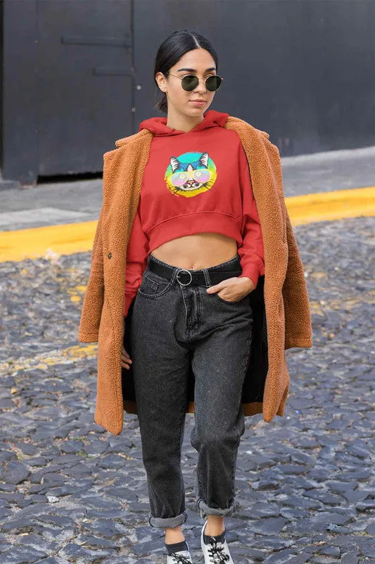 Crop Hoodie (Women) - Cat With Glasses (6 Colours)