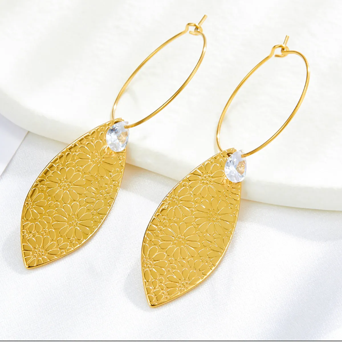 Crystal & 18K Gold-Plated Leaves Floral Drop Earrings