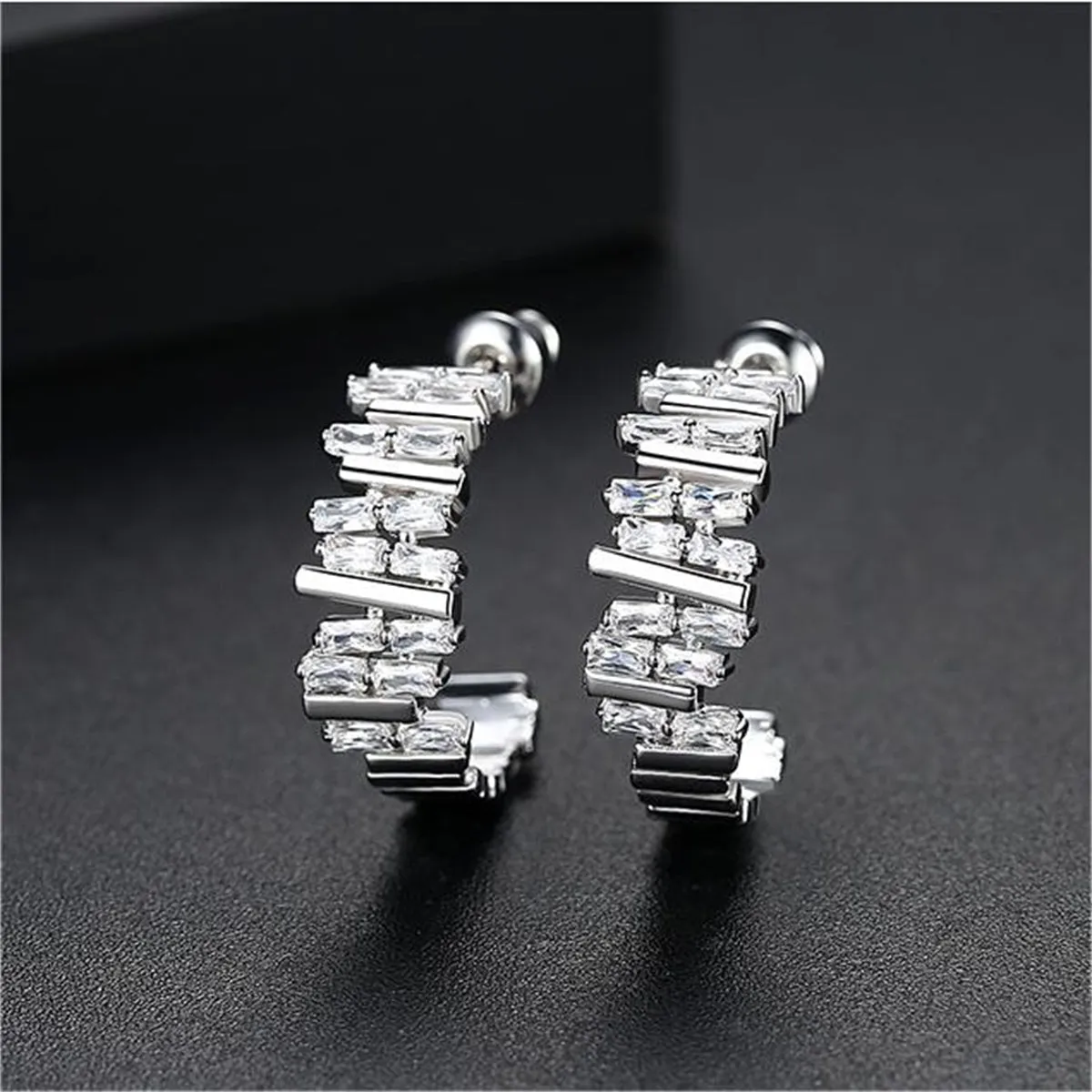 Crystal & Silver-Plated Ladder Huggie Earrings