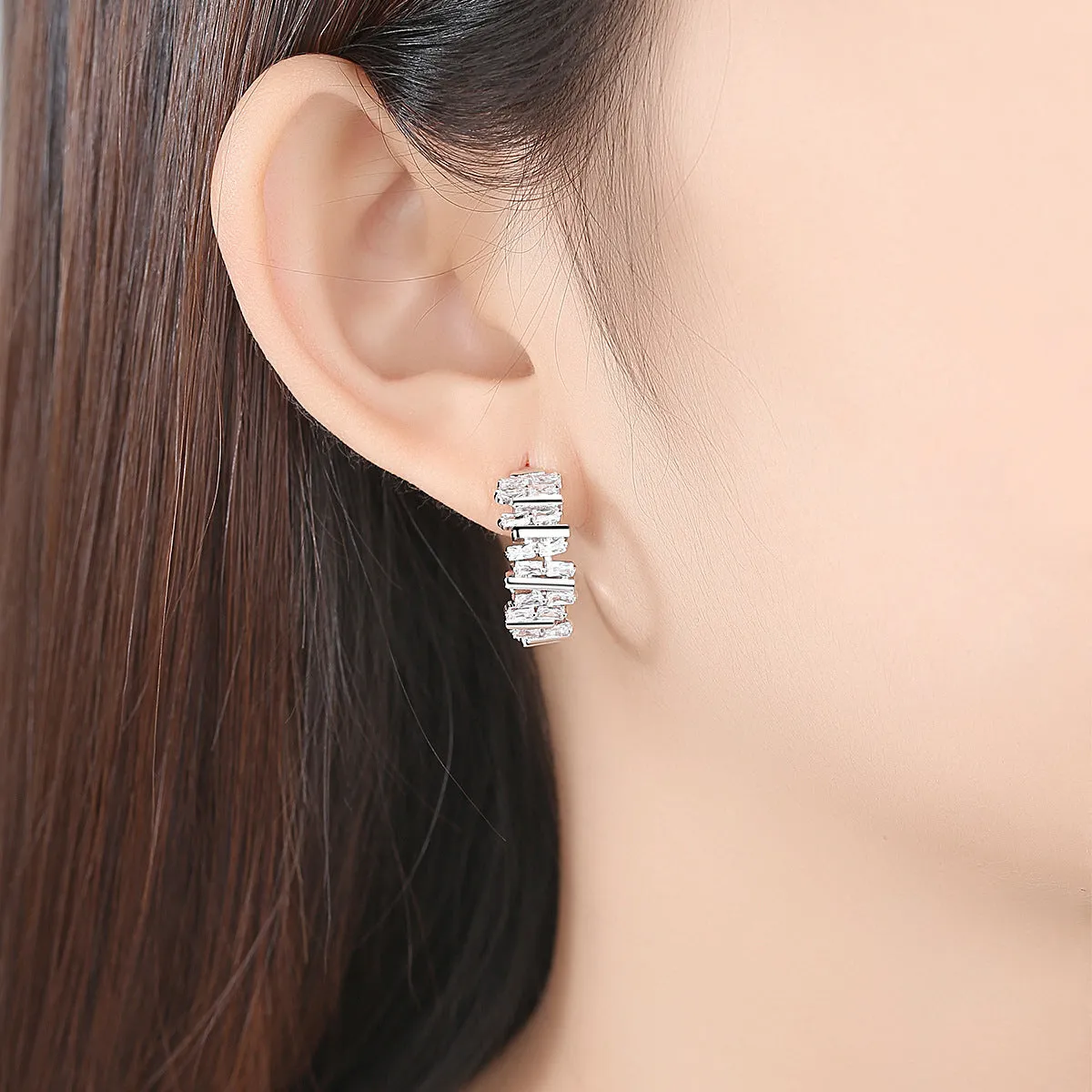 Crystal & Silver-Plated Ladder Huggie Earrings