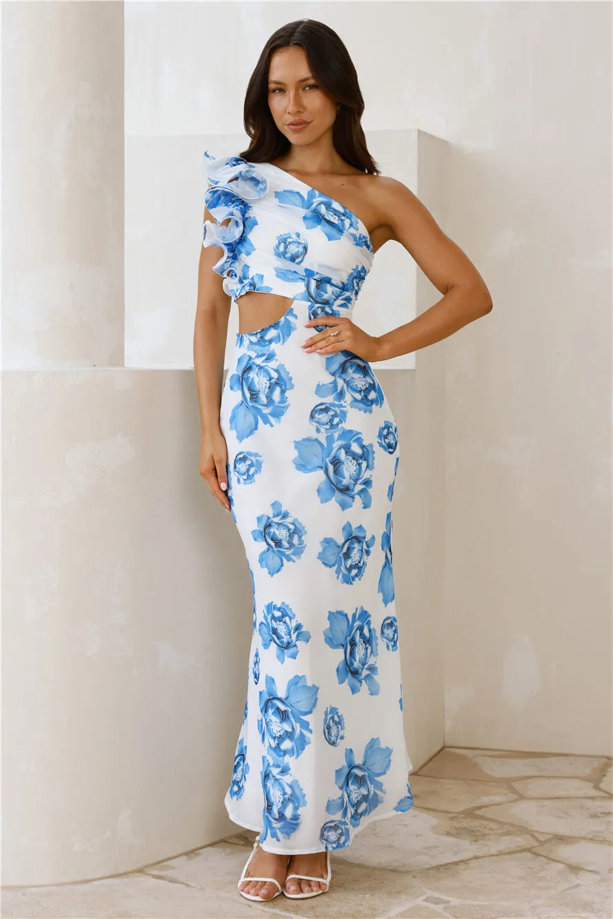 Crystal Crush One Shoulder Maxi Dress Blue