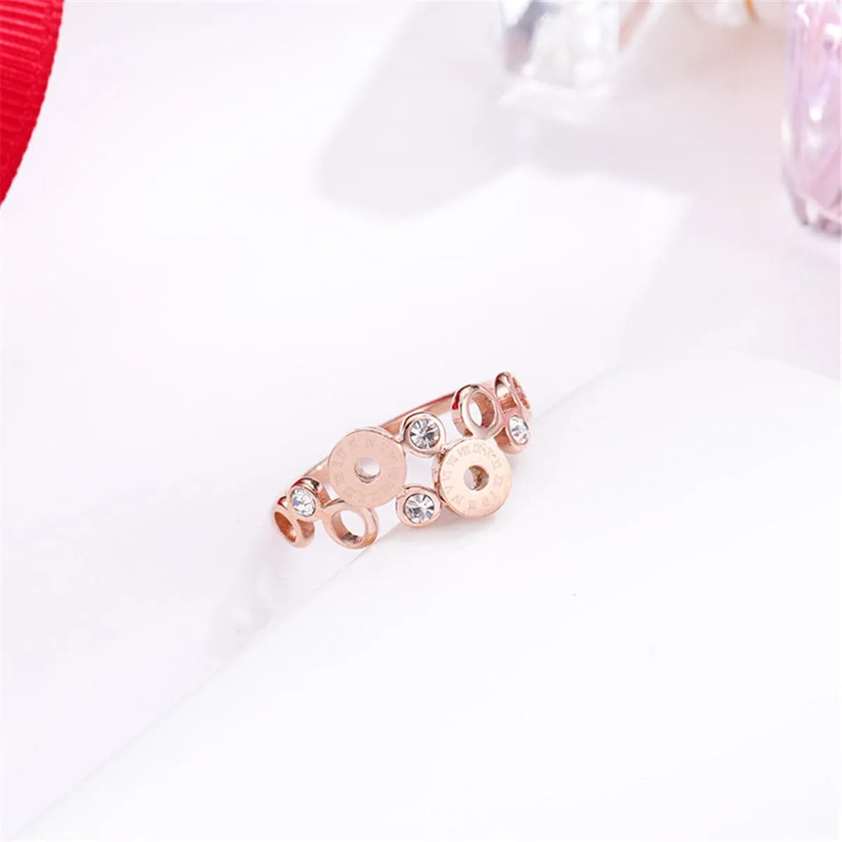 Cubic Zirconia 18K Rose Gold-Plated Roman Numeral Ring