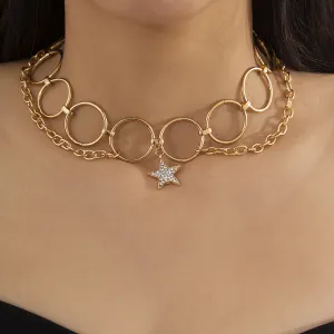 Cubic Zirconia & 18K Gold-Plated Hoop Chain & Star Choker