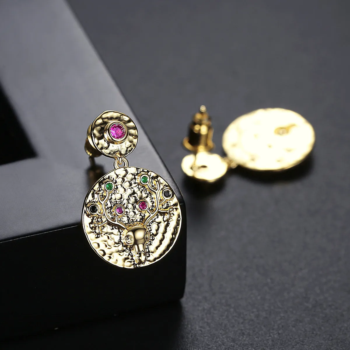 Cubic Zirconia & 18K Gold-Plated Reindeer Round Drop Earrings