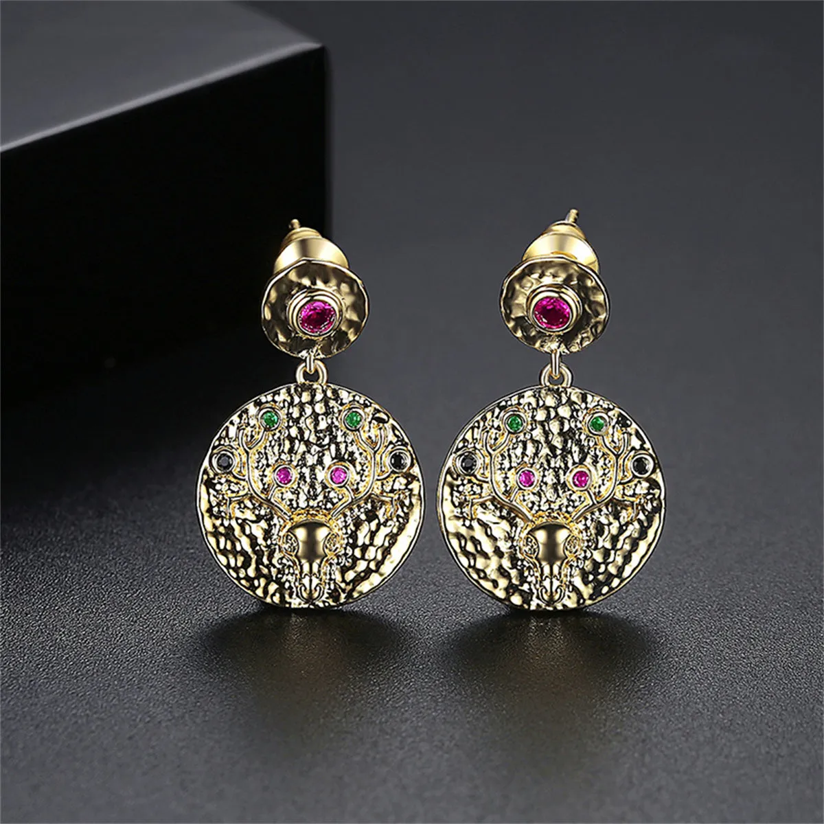 Cubic Zirconia & 18K Gold-Plated Reindeer Round Drop Earrings