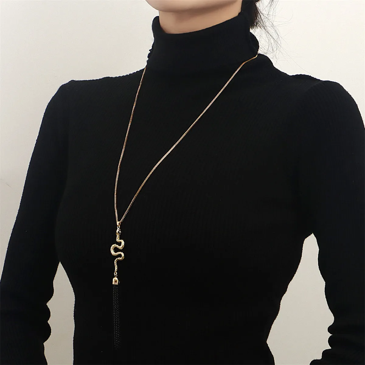 Cubic Zirconia & 18K Gold-Plated Snake Tassel Pendant Necklace