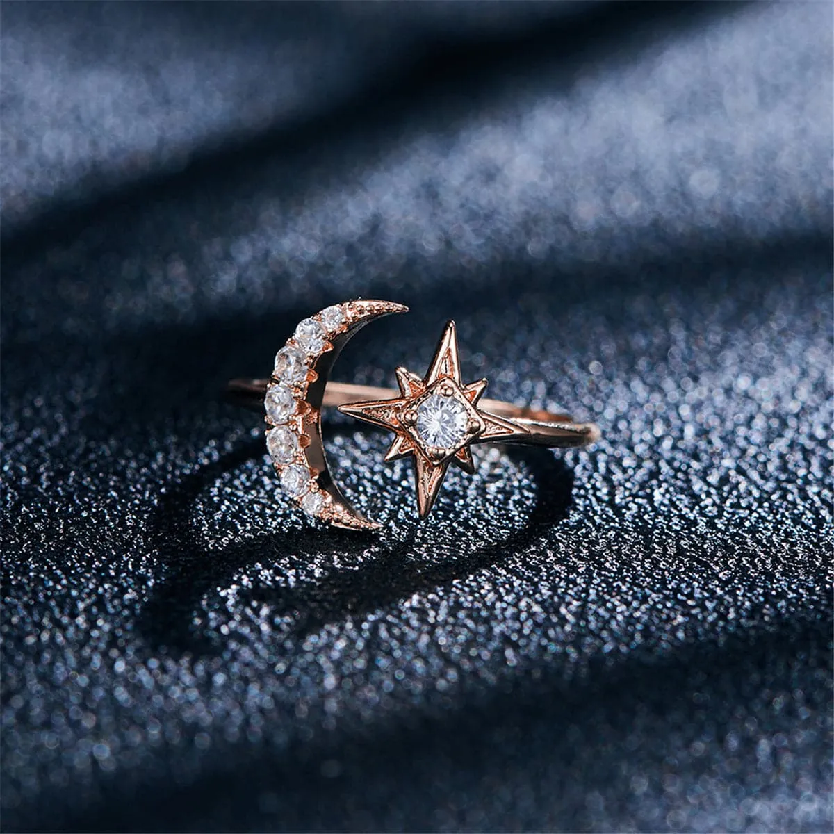 Cubic Zirconia & 18K Rose Gold-Plated Moon & Star Bypass Ring