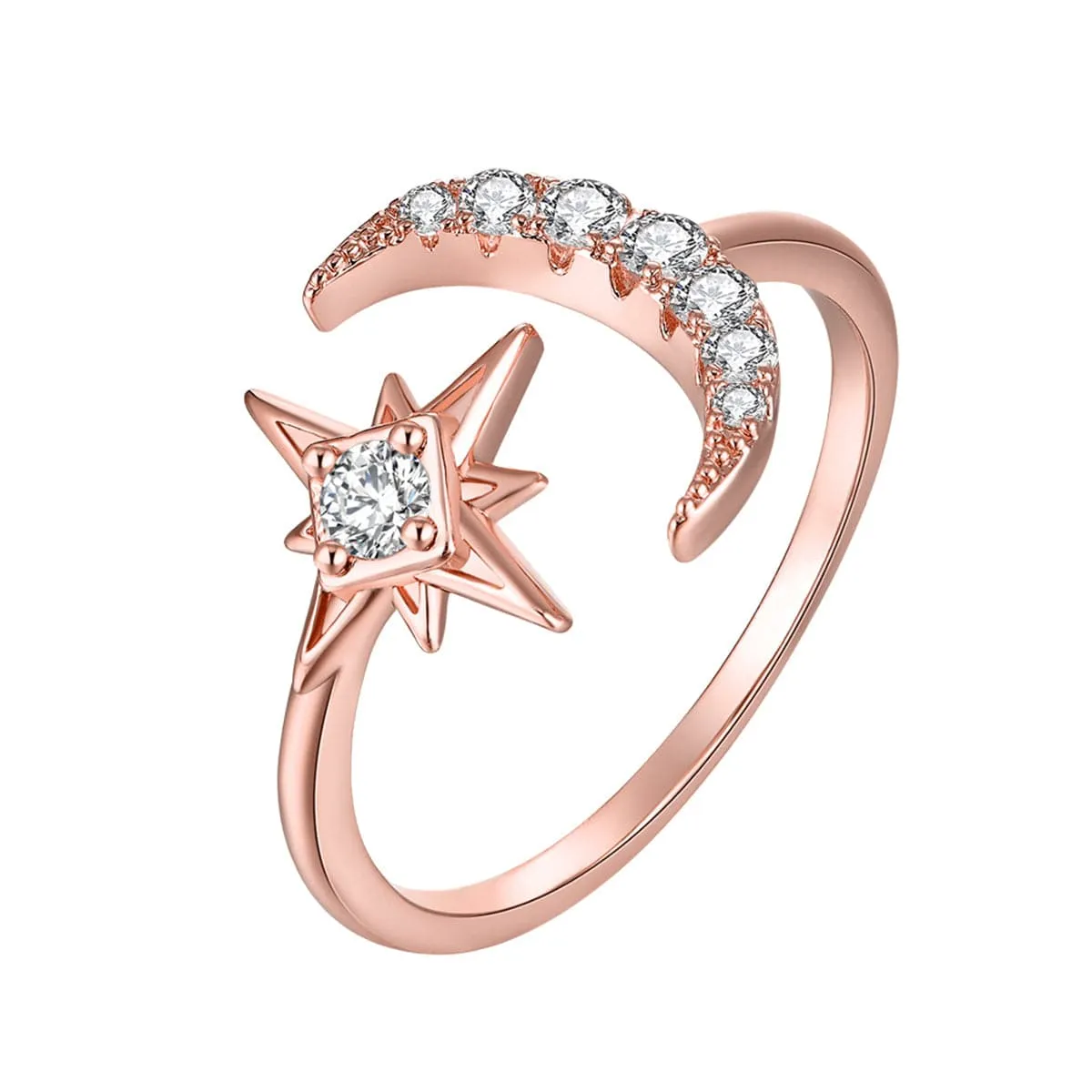 Cubic Zirconia & 18K Rose Gold-Plated Moon & Star Bypass Ring
