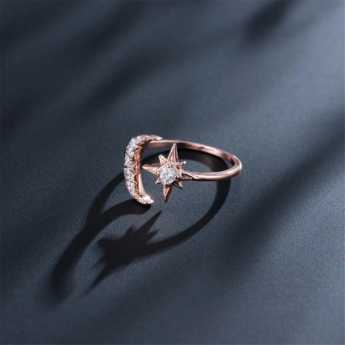Cubic Zirconia & 18K Rose Gold-Plated Moon & Star Bypass Ring