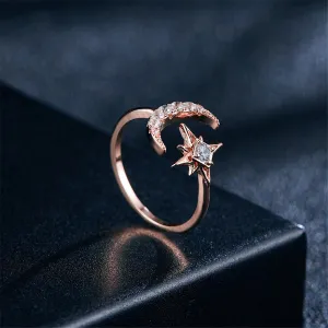 Cubic Zirconia & 18K Rose Gold-Plated Moon & Star Bypass Ring