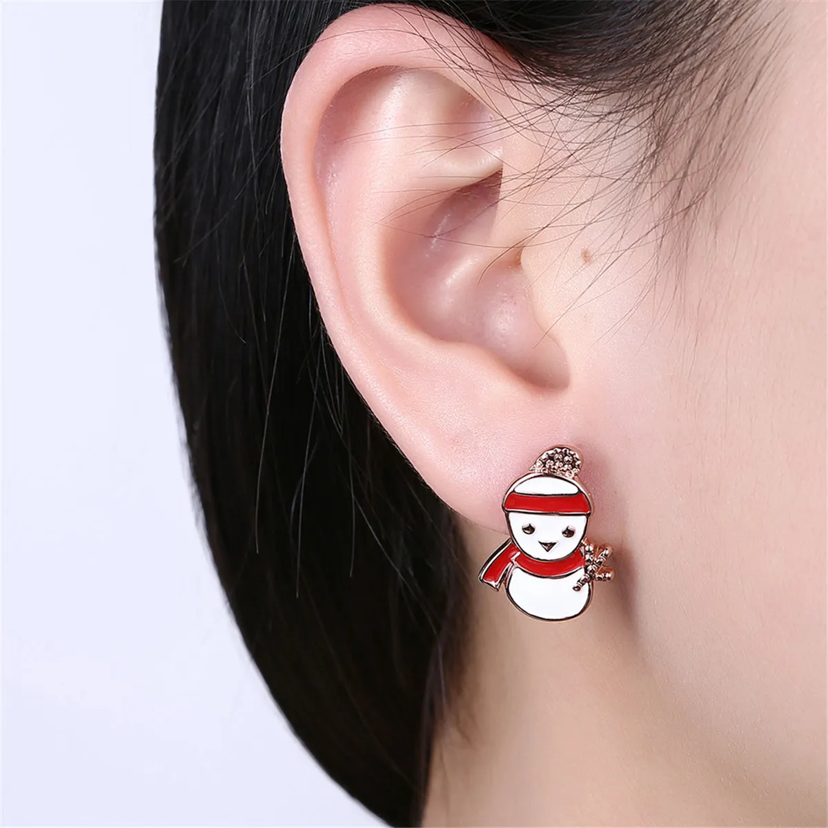 Cubic Zirconia & 18K Rose Gold-Plated Snowman & Bell Stud Earrings