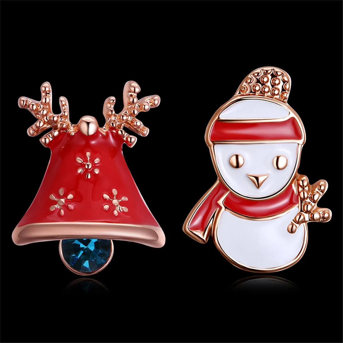 Cubic Zirconia & 18K Rose Gold-Plated Snowman & Bell Stud Earrings