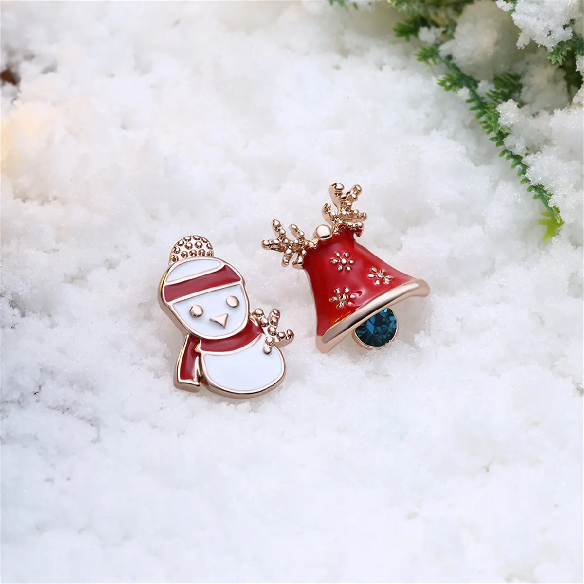 Cubic Zirconia & 18K Rose Gold-Plated Snowman & Bell Stud Earrings