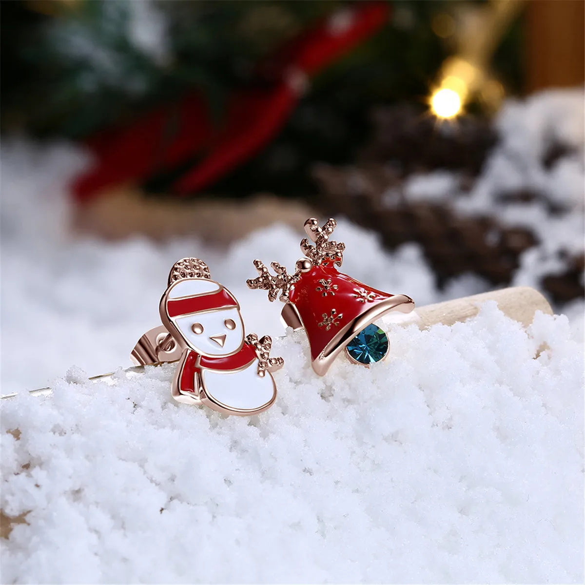 Cubic Zirconia & 18K Rose Gold-Plated Snowman & Bell Stud Earrings