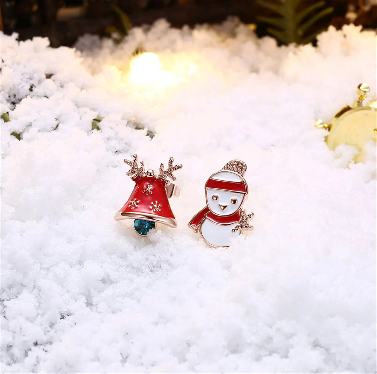 Cubic Zirconia & 18K Rose Gold-Plated Snowman & Bell Stud Earrings